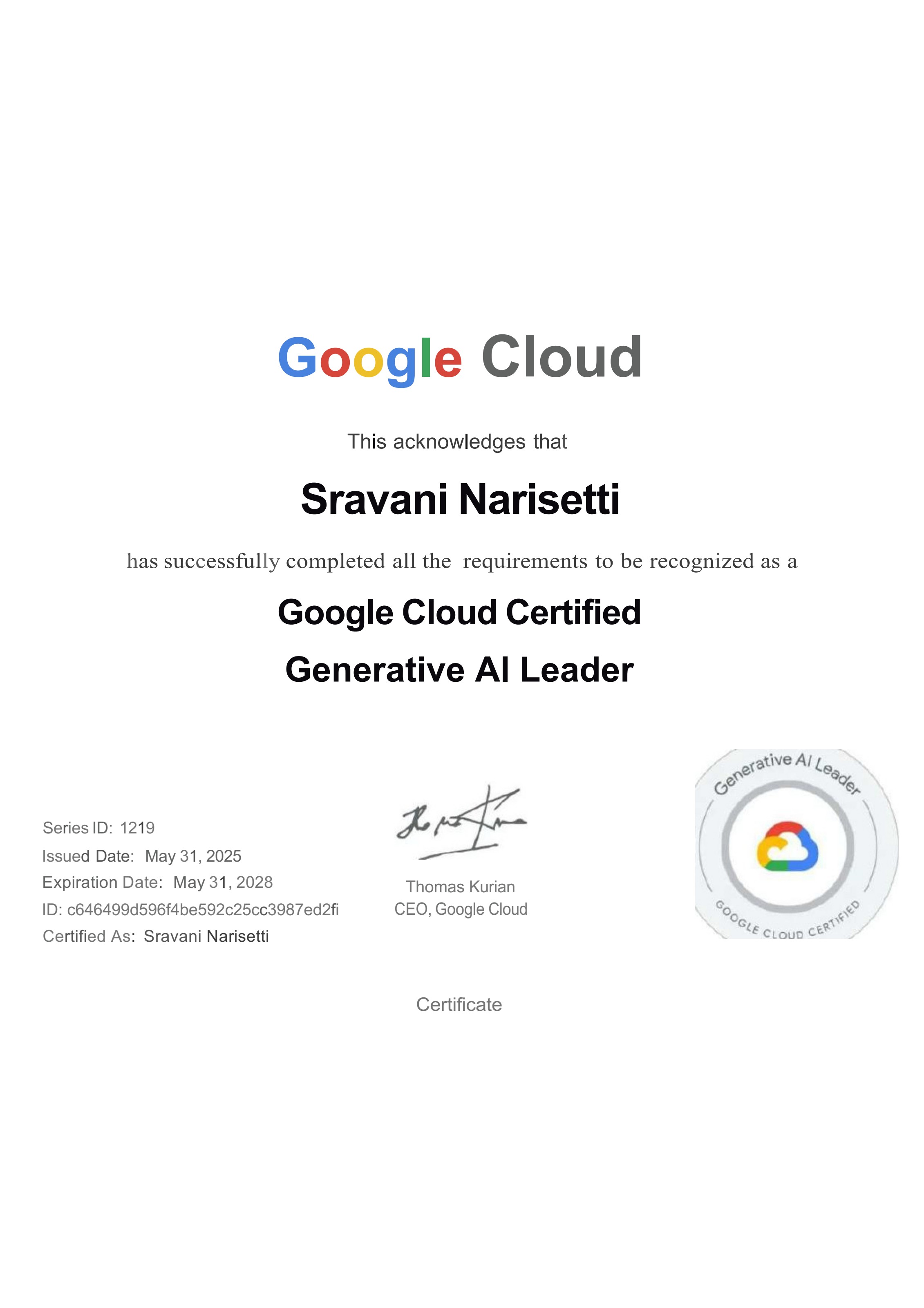 Google Cloud certificate awarded to Sravani Narisetti as Generative AI Leader